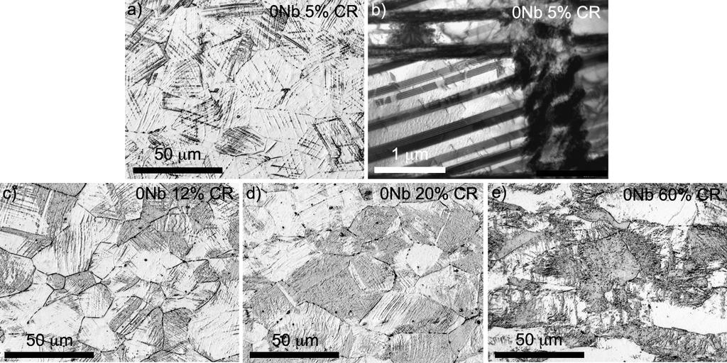 7 COLD DEFORMED STAGE OM (a,c-e) and TEM (b) images after a,b) 5%, c)
