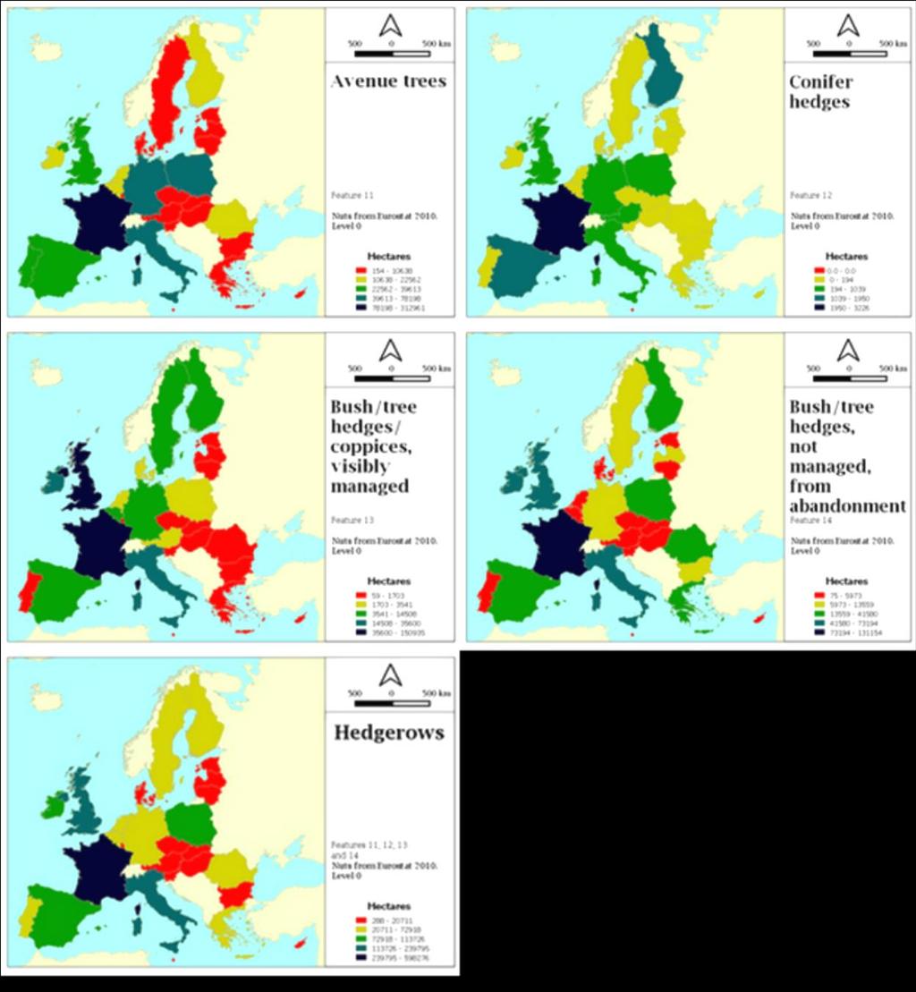 35 Figure 15 Hedgerows cover (hectares) Hedgerows linked to abandonment cover 577.5 thousand hectares corresponding to about 0.14% of the territorial area in the EU (Table 6).