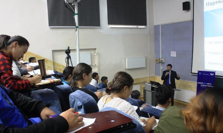 factsheets (translated into Mongolian) to the students. Prof. Adiyasuren Ts. is explaining about the three different types of ultraviolet radiation. 4.