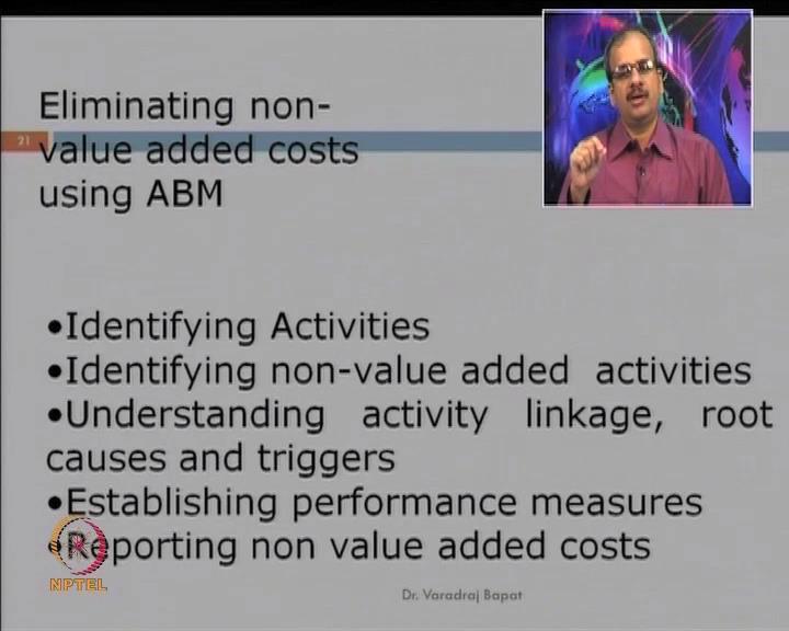 (Refer Slide Time: 41:45) In activity based cost management, what is tried out is non value based cost are intended to be avoided So, indentifying such activities, because there may be some costs or