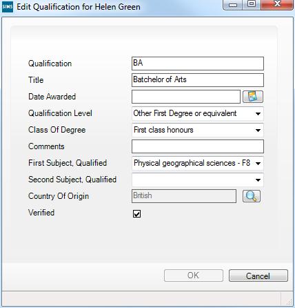 a. Click the New button adjacent to the Qualifications field or highlight an existing qualification then click the Open button to display the Add (or Edit) Qualifications dialog. b. Ensure that the Qualification description is correct.