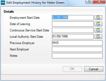 Click the New button or highlight an existing Employment Dates record then click the Open button to display the Add (or Edit) Employment History dialog. 5.