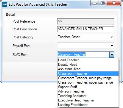 5. Highlight the applicable record then click the Open button to display the Edit Post dialog. 6. Select the applicable value from the SWC Post drop-down list, i.e. Classroom Teacher, main pay range, Classroom Teacher, upper pay range, etc.