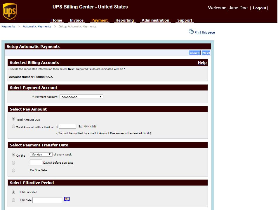 Payment (cont.) Automatic Payments Automatic Payments allows you to set up payments for any invoice presented in the UPS Billing Center.