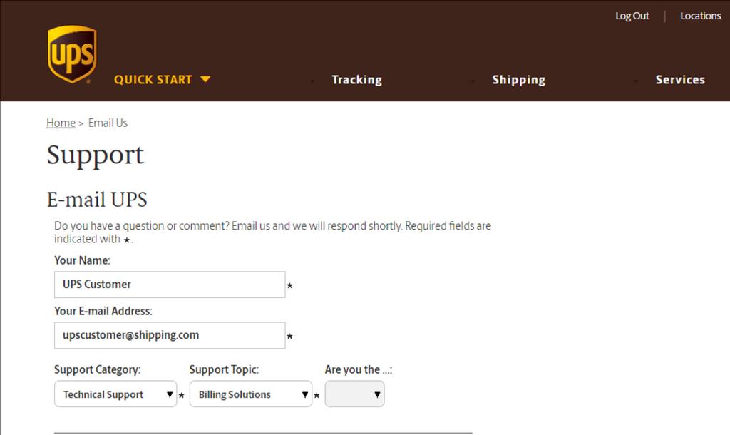 completing a web form at ups.com Once completed, select the Next button at the bottom of the screen.