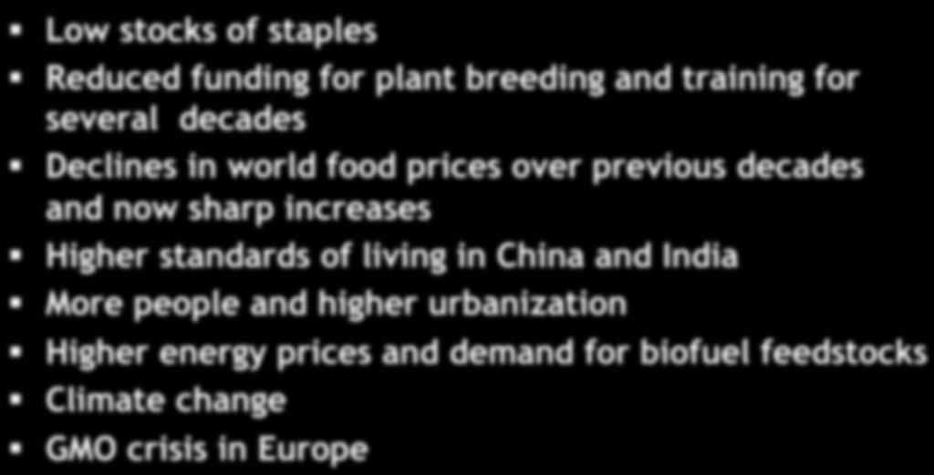 2010+: a PERFECT STORM for agricultural deficits!! Low stocks of staples!! Reduced funding for plant breeding and training for several decades!