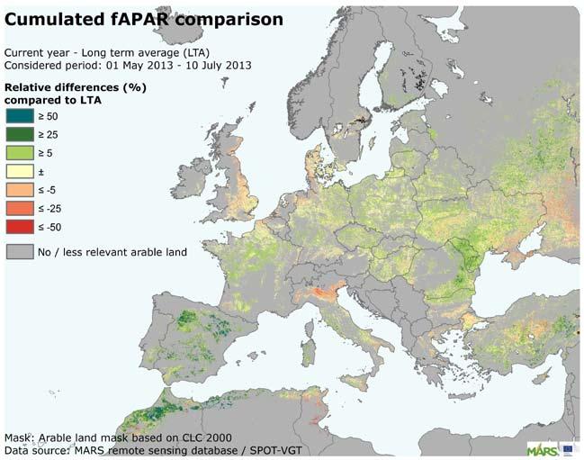 MARS BULLETIN Vol.21 No. 7 (2013) 5 2. Remote Sensing analysis observed canopy conditions Lack of biomass accumulation recovered in western Europe. Excellent season in the Iberian Peninsula.
