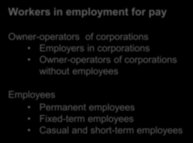 Contributing family workers Workers in employment for pay Owner-operators of corporations Employers in corporations