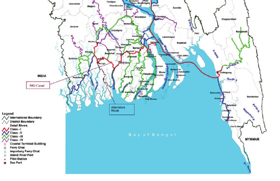 295 N 50 0 50 km 1:1000000 India India India India MG Canal Legend International boundary District boundary detail rivers Class I Class II Class III Class IV Coast terminal building Ferry