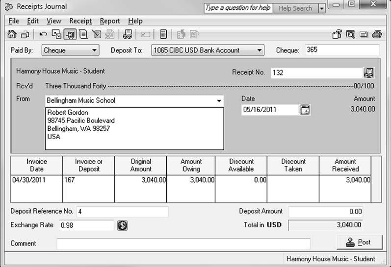 Lesson 5 Sage Simply Accounting Premium 2011 Level 2 Complete the receipt to appear as shown: 5 Click Report, Display Receipts Journal Entry on the menu bar. Note the amount of $18.