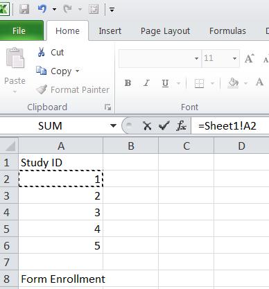4.6 Linking spreadsheets in a workbook Being able to type in the study id on the first Excel-based data collection form and having it auto-populate on any additional forms in the workbook is one