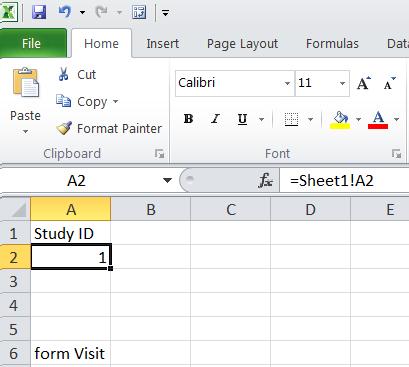 Click on the cell in the other spreadsheet in the workbook that the cell is going to be linked to (form Enrollment). Press enter on the keyboard (back to form Visit).