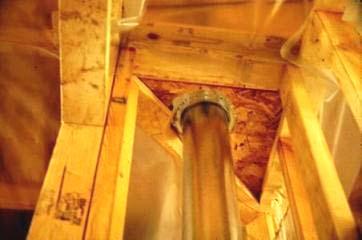4.3 FLUE SHAFT Flue penetrations into attics are more complicated because they also need code mandated combustion safety clearances with combustible framing materials. In Figure 4.3.1 below, insulation is used to fill the space between the flue and the studs.