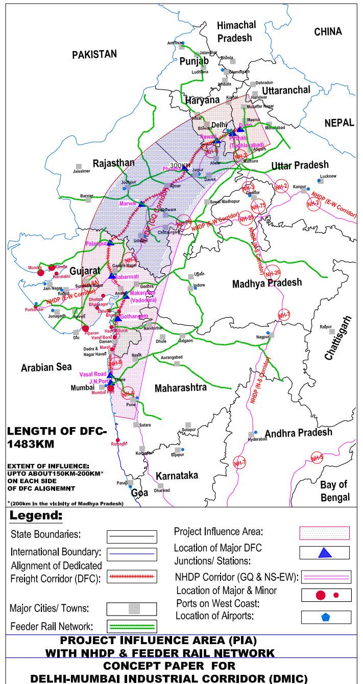 Figure 1 Map of the DMIC Project Influence Area with National Highways Development Project, and Feeder Rail Network (Source: Dept.
