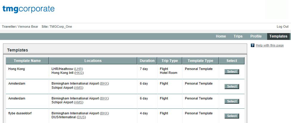 Templates Regular journeys can be saved as a template. Templates remove the need for specific flights and hotel to be search and selected.