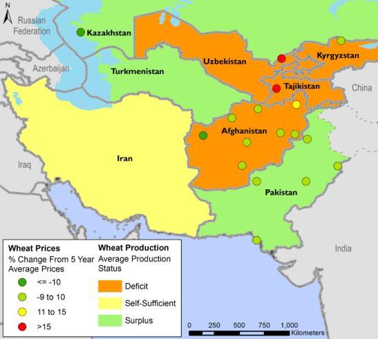 Prices are 16 percent below average in Kazakhstan, stable and near the average in Afghanistan and Pakistan, and well above average in Tajikistan.