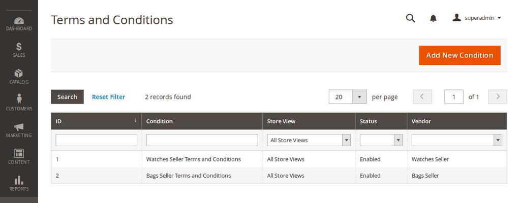 Each condition is assigned to a single vendor. Vendor grid column can be used to filter records by vendors.