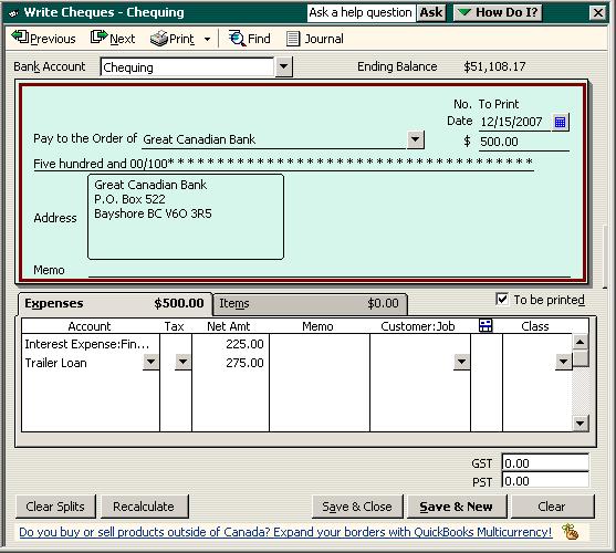 Using other accounts in QuickBooks 2 In the Pay to the Order of field, type Great, then press Tab. QuickBooks fills in the field with Great Canadian Bank.