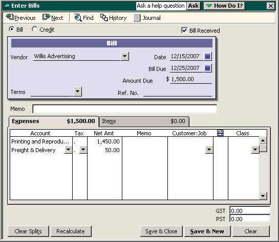 Entering and paying bills 6 Press TAB to accept Printing and Reproduction as the account. 7 In the Tax drop-down list, select Not Used and press TAB. (We are ignoring sales tax for this example.