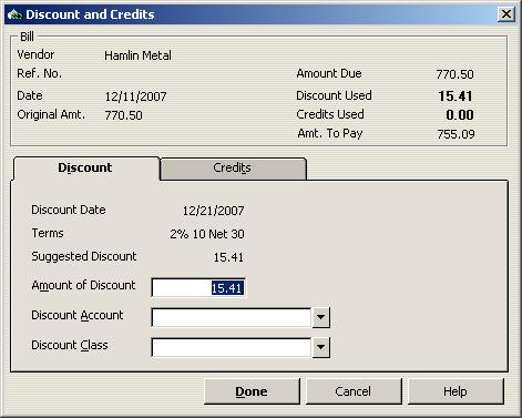 Entering and paying bills 6 QuickBooks displays the Discount and Credits window prefilled with information about Rock