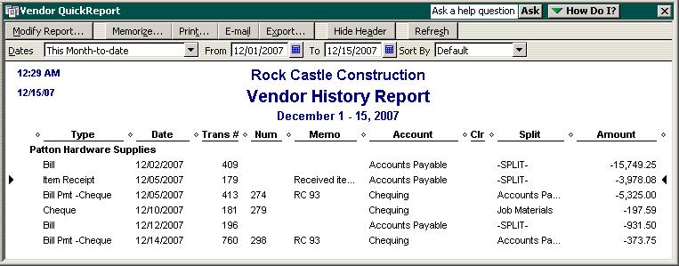 Analyzing financial data 2 In the Report Title field, select the text for Vendor QuickReport, and type Vendor History Report to replace the title. 3 Click OK to close the Modify Report window.