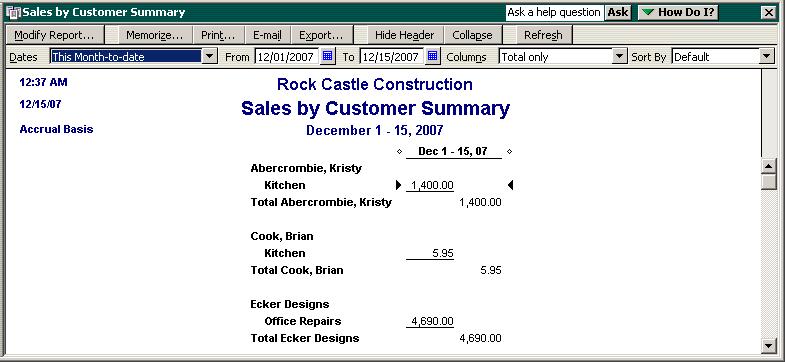 it covers. To create a sales report: 1 From the Reports menu, choose Sales, then choose Sales By Customer Summary from the submenu.