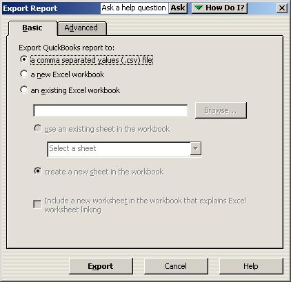 QuickBooks displays the Export Report - Basic options tab window.