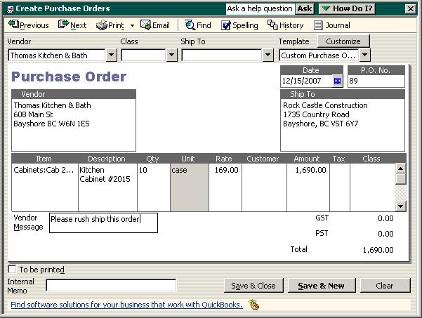 L E S S O N 1 0 5 In the Vendor Message field of the purchase order, type Please rush ship this order. Your Purchase Order should resemble the following figure.