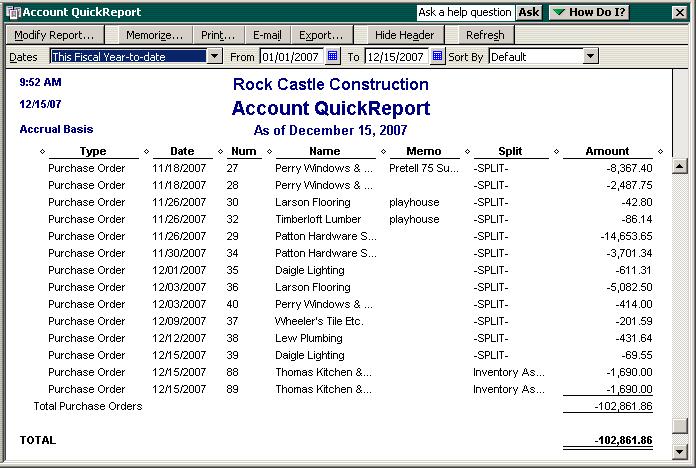 Setting up inventory QuickBooks displays a report of all purchase orders.