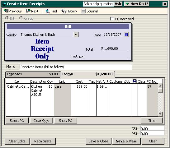 5 Click OK to move the information to the item receipt. The Create Item Receipts window should resemble the following figure.