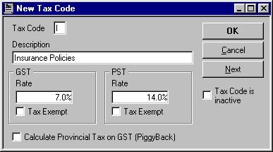 L E S S O N 1 1 6 In the PST Rate (%) field, type 14. Your new tax code should resemble the following figure: 7 Leave the Tax Exempt and Calculate Provincial Tax on GST checkboxes clear.
