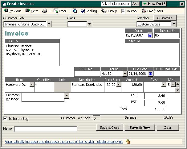 L E S S O N 1 1 When you enter an item, QuickBooks displays the tax code associated with that item (in this case, the S tax code) in the Tax column, which appears to the right of the Amount column.
