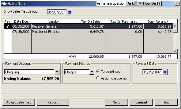 L E S S O N 1 1 3 In the Show sales tax due through field, type 06/30/07, then press TAB. QuickBooks displays your tax agencies and the amounts you owe to them.