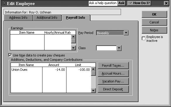 Doing payroll with QuickBooks The Address Info tab contains some payroll information about Roy Uchman, such as his name, social insurance number, and date of birth.