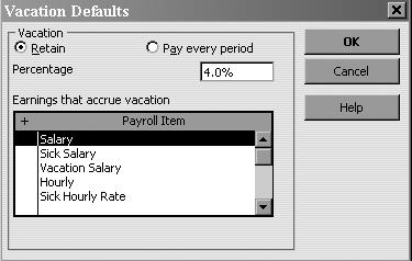 L E S S O N 1 2 Information regarding vacation pay is entered in this window. QuickBooks can keep track of vacation pay accrued for each pay period.