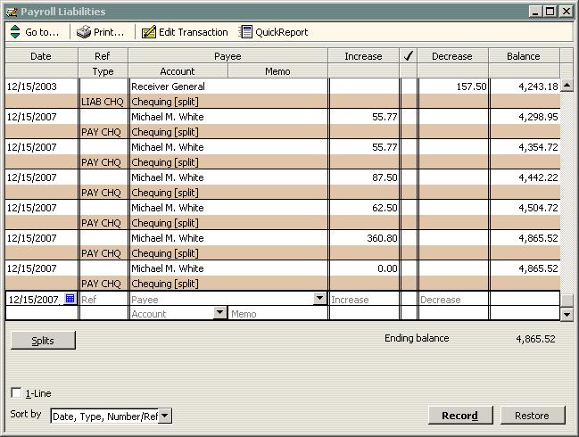 QuickBooks displays the register for the account.