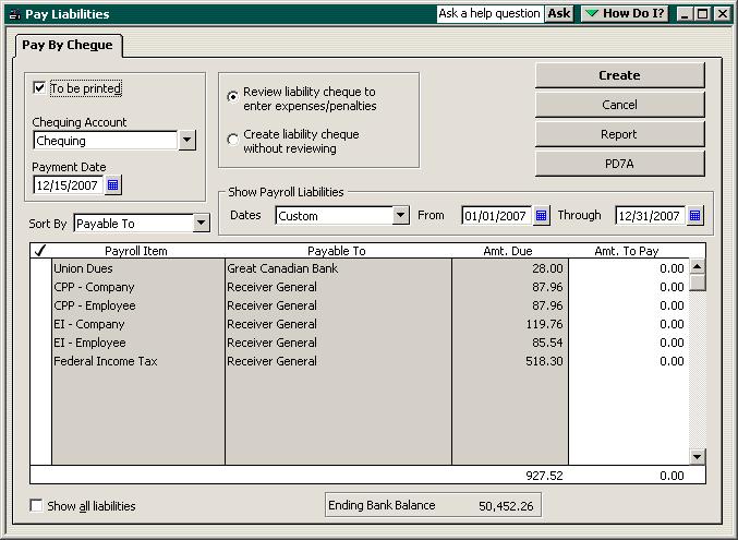 QuickBooks displays the Pay Liabilities window. 4 Click in the column to the left of the CPP - Company payroll item.