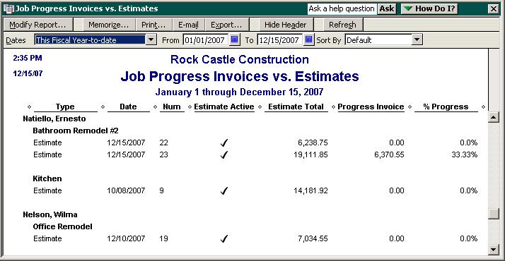 L E S S O N 1 3 QuickBooks displays the job progress invoices vs. estimates report. Notice that the progress invoice you completed for Ernesto Natiello is listed in the Prog. Invoice column.