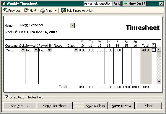 Tracking time 3 Click in the Customer:Job column, then choose Melton, Johnny:Dental office from the drop-down list.