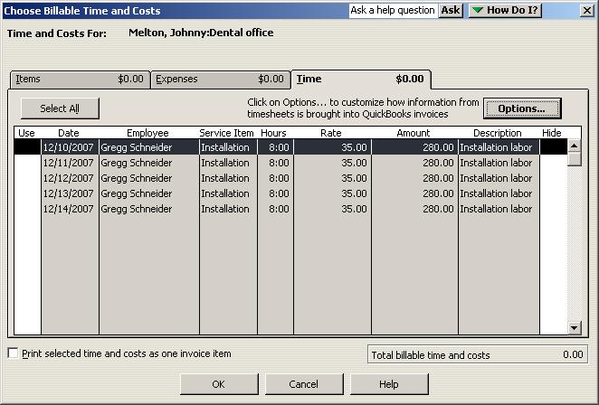 L E S S O N 1 4 The invoice icon to the right of the Total column tells QuickBooks if the time will be transferred onto an invoice.