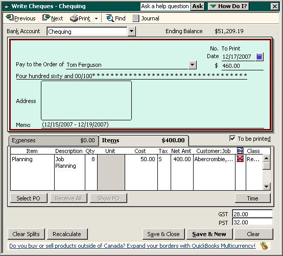 Tracking time QuickBooks prefills the Items tab of the cheque with information from the time data, including hours worked and rate.