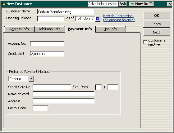 L E S S O N 3 Providing customer payment information The Payment Info tab is where you enter customer account numbers and credit limits.