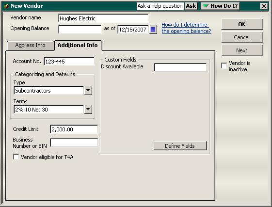 Working with lists 2 In the Account No. field, type 123-445. 3 In the Type field, type Subcontractors.
