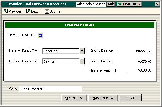 QuickBooks displays the Transfer Funds Between Accounts window. Notice that QuickBooks displays the current balance for the Chequing account.