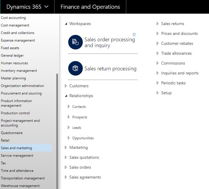 Figure 4: Sales and Marketing Modules of Dynamics Finance and Operations (2018) 2.
