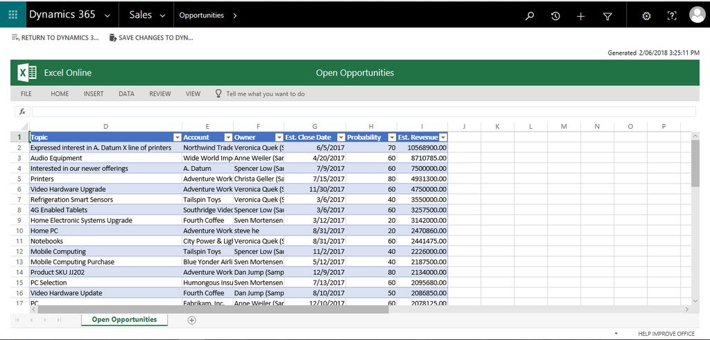 Figure 6: Opportunities List in Online Excel (2018) Connecting with customers is a critical work task. Dynamics 365 has seamlessly integrated Skype for communications.