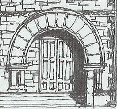 Roman Arch- A load-bearing reenforcement over a void (or decorative motif) composed of tapering masonry elements curved around a single center-point. A round-headed arch.