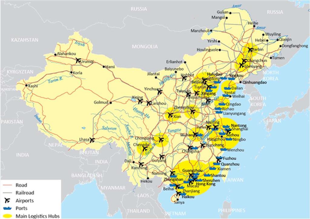China Infrastructure Overview Railway 121,000 km, Highspeed Railway 23,600 km Road 4,500,000 km, Expressway 131,000 km
