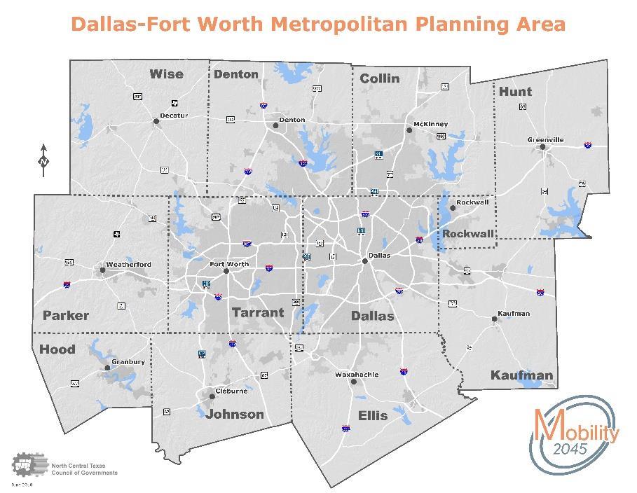 Exhibit 1-1 illustrates the 12-county Dallas-Fort Worth Metropolitan Planning Area.