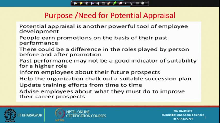 (Refer Slide Time: 18:56) So, when we are looking at potential appraisal it is also used as a tool for the development of the employees.